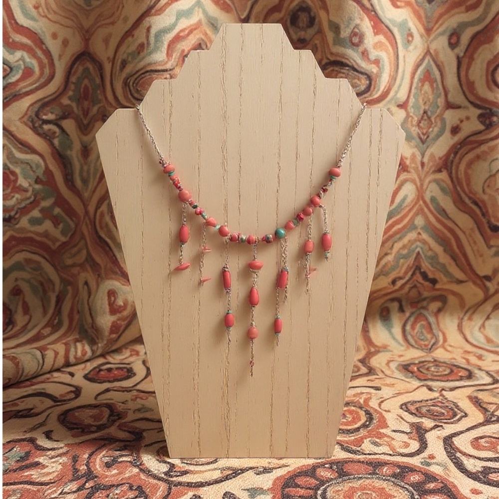 Faux Coral and Turquoise Boho Beaded Necklace